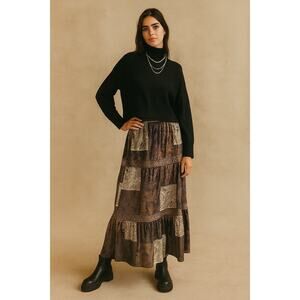 Velvet Patchwork Maxi Skirt | Boho Gypsy Vintage Style Tiered Long Skirt | Small